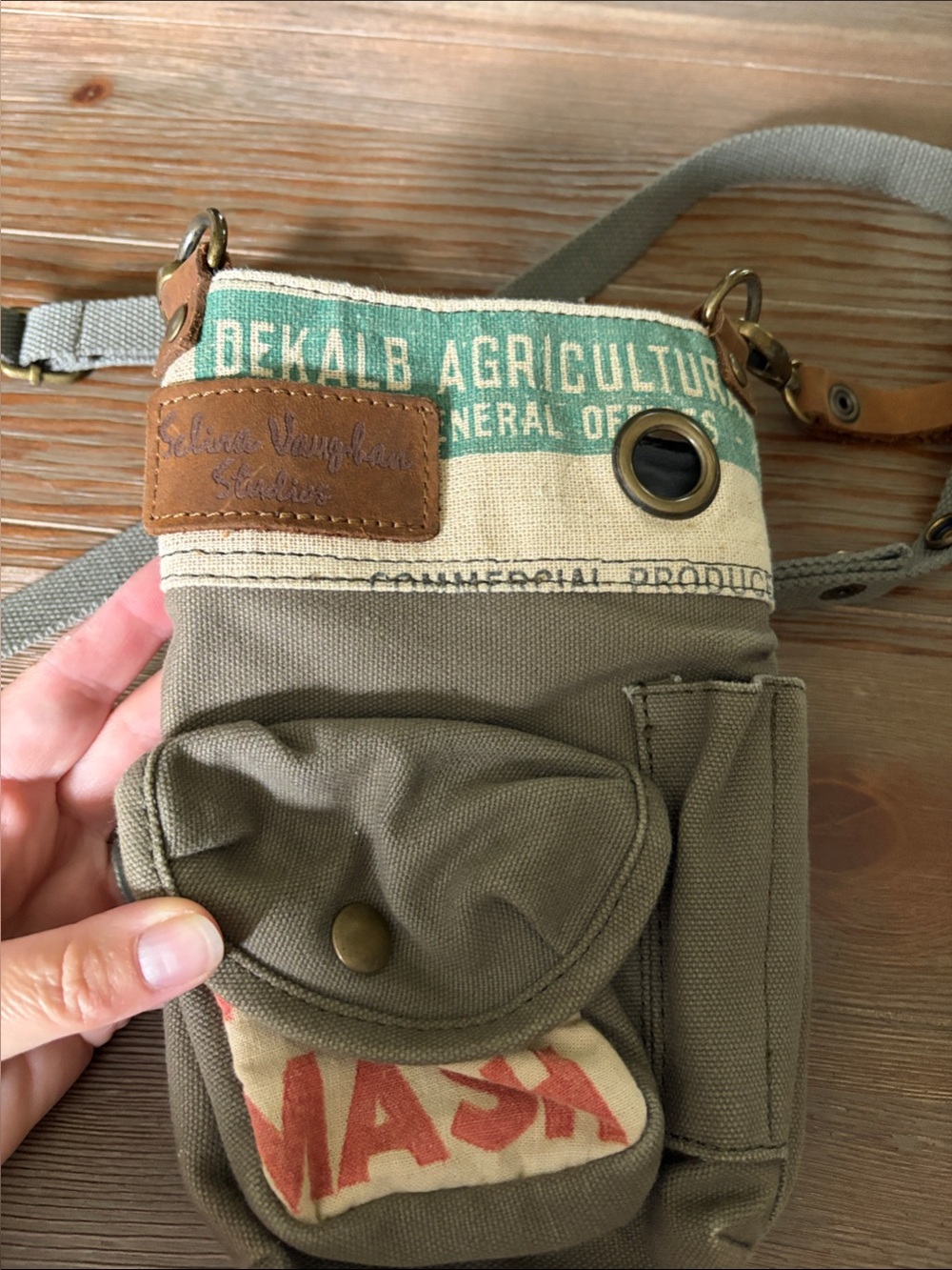 Upcycled Feed Sack & Canvas Crossbody with leather accents.
